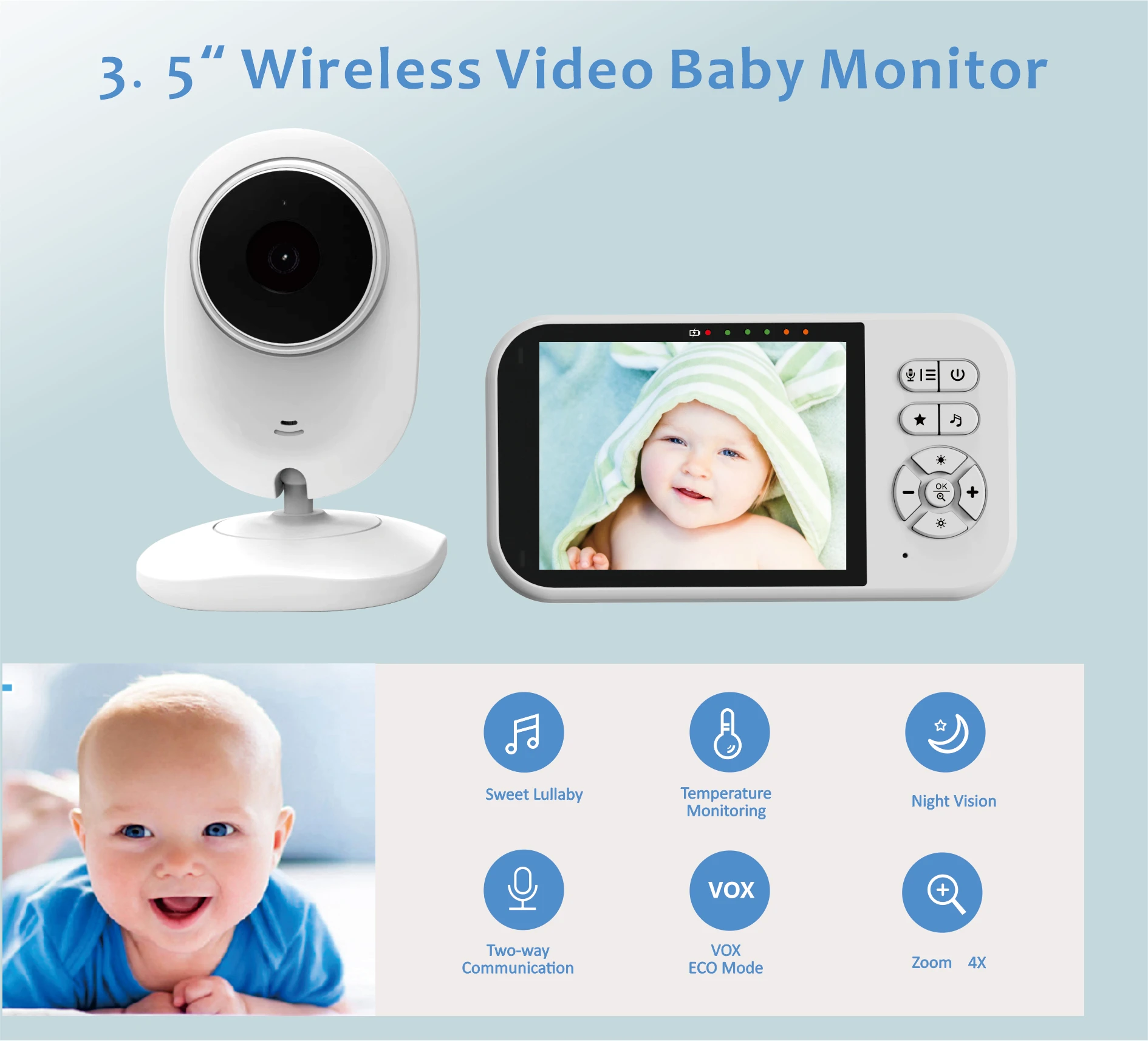 3.5Inch Wireless Long Distance Digital Baby Monitor Temperature Monitoring Lullaby Babysitter Nanny Cam Intercom Baby Camera