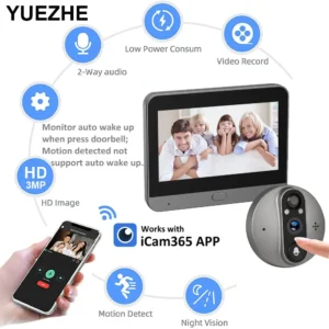 Yuezhe Doorbell Camera iCam365 5000mAh Door Eye Night Vision 3MP 2.4G WiFi Smart Peephole Camera Video Intercom Digital View