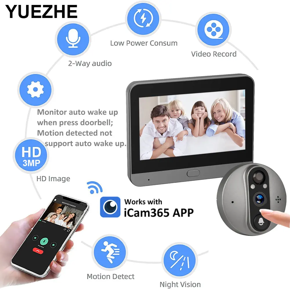 Yuezhe Doorbell Camera iCam365 5000mAh Door Eye Night Vision 3MP 2.4G WiFi Smart Peephole Camera Video Intercom Digital View